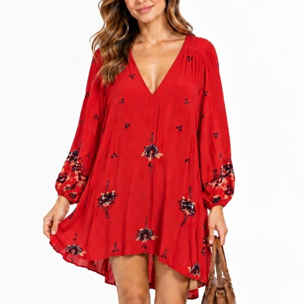 Free People Red Embroidered Mini Dress Boho Cutout Back Long Sleeve Size S